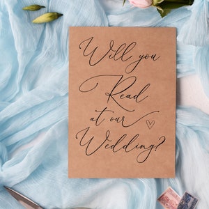 ¿Leerás en nuestra tarjeta de propuesta de boda, de los novios, lector de bodas pidiendo regalo, hablarás en nuestra ceremonia de matrimonio rústica?