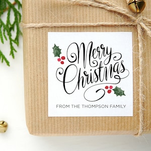 Etiquetas adhesivas de regalo de Feliz Navidad personalizadas, acebo verde rojo, etiquetas cuadradas, rústico vintage, sellos de sobre, etiquetas de tarjetas de regalo de Navidad