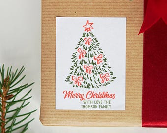 Anpassade julklappsetiketter, söta röda rosett-julgransklistermärken, rektangulära klistermärken, kuvertsigill, julklappsetiketter