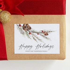 Aangepaste rustieke kerstwensen cadeaukaartjes stickers, vintage stijl rechthoekige etiketten, rustieke kerstkrans, envelopzegels, kerstcadeau
