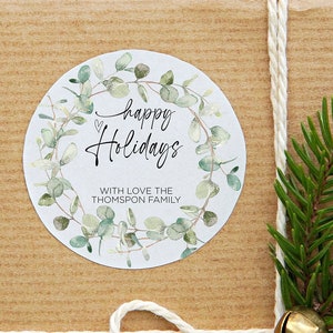 Etiquetas adhesivas de regalo de felices fiestas, etiquetas redondas de Navidad, corona roja de Navidad circular, sellos de sobre, etiquetas de regalo de Navidad, personalizadas