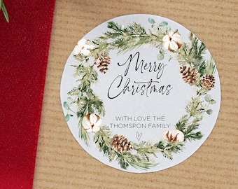 Christmas Gift Label Stickers, Merry Christmas Round Labels, Circle Christmas Red Wreath, Envelope Seals, Xmas Present Tags, Personalised