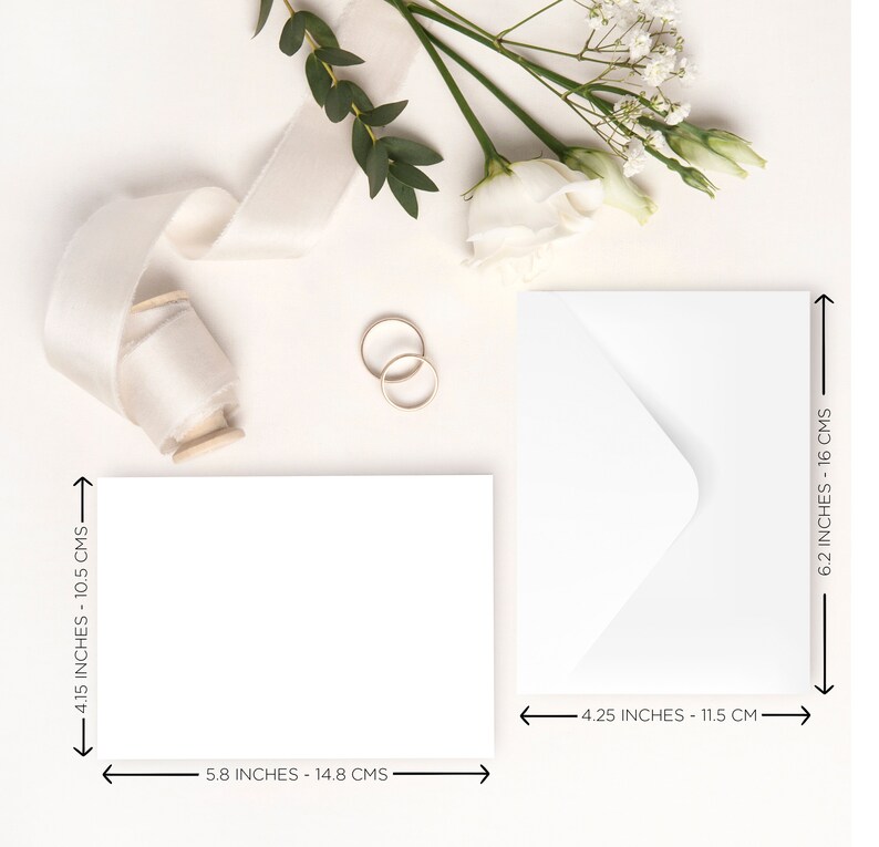 May include: A white card with a white envelope. The card measures 5.8 inches by 4.15 inches and the envelope measures 4.25 inches by 6.2 inches.