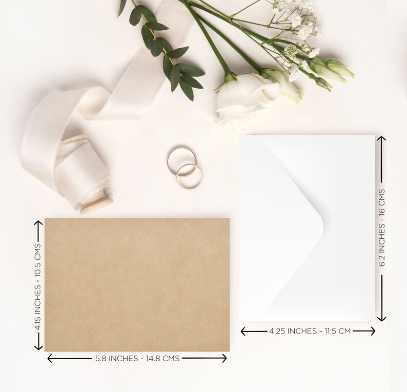 May include: Two white envelopes, one with a kraft brown envelope, measuring 4.15 by 5.8 inches, and the other measuring 4.25 by 6.2 inches.  Two gold rings are on a white surface.