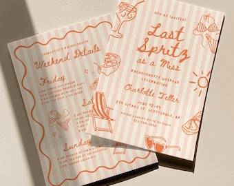 Last Spritz as a Miss Bachelorette Invitation Template: Citrus Spritzer Theme Striped Bach Party Itinerary (Canva Digital Invite Design)