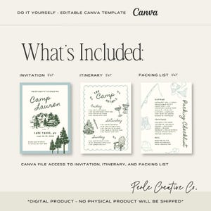 May include: A digital Canva template set featuring a 5x7 invitation, itinerary, and packing list for a bachelorette celebration. The designs include dark green illustrations of mountains, trees, a campfire, and camping gear on a light background.