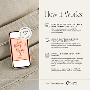 May include: A smartphone displays a Last Rodeo invitation template with a red graphic of a person in a martini glass. The text How it Works outlines steps to purchase, download, customize in Canva, and print or share the digital design file.