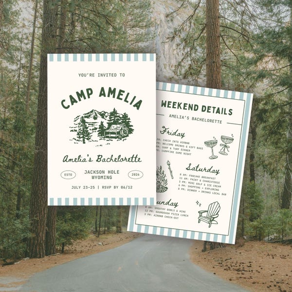 Camp Bachelorette Invitation Template: Camping Cabin Bach Party Itinerary (Canva Digital Invite Design)