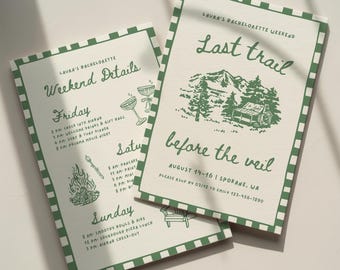 Last Trail Before The Veil Bachelorette Invitation Template, Granola Girl Camp Themed Bach Party Itinerary, Editable Canva Digital Invite