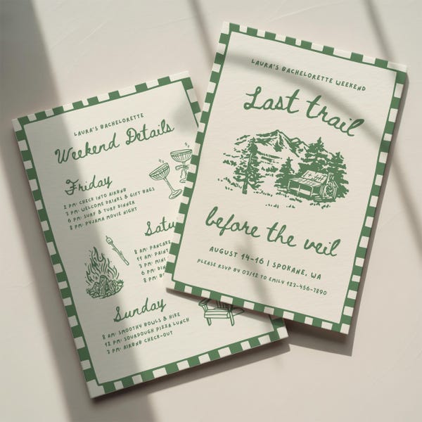 Sjabloon voor een vrijgezellenfeestuitnodiging met het thema "Last Trail Before The Veil", bewerkbare digitale uitnodiging voor een vrijgezellenfeest met het thema "Granola Girl Camp".