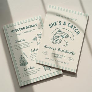 Plantilla de invitación para despedida de soltera "She's a Catch": Itinerario de fin de semana de despedida de soltera en un campamento de pesca (Diseño de invitación digital de Canva)