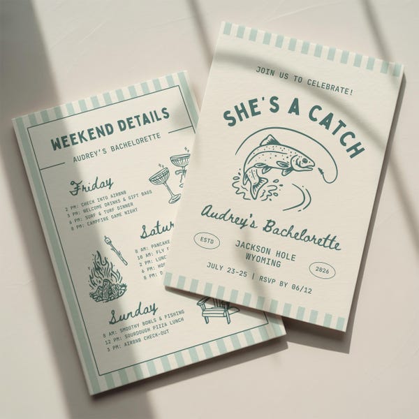 She's a Catch Bachelorette Invitation Template: Fishing Camp Bach Weekend Itinerary (Canva Digital Invite Design)