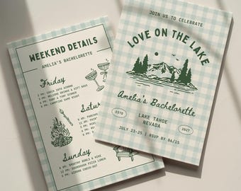 Love On The Lake Bachelorette Invitation Template: Camping Theme Gingham Bach Party Itinerary (Canva Digital Invite Design)