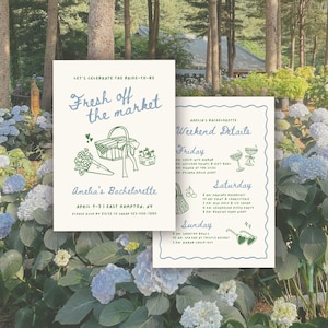 May include: Two invitation cards with a light green and blue design. The first card says "Fresh off the market" with a picnic basket illustration. The second card lists weekend details. The cards are for Amelia's Bachelorette.