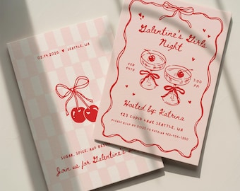 Galentine's Party Invitation Template: Valentine's Day Cherry Theme Girls Night (Canva Digital Invite Design)