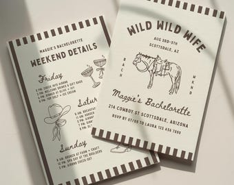 Wild Wild Wife Bachelorette Invitation Template: Western Cowgirl Bach Party Weekend Itinerary (Canva Digital Invite Design)