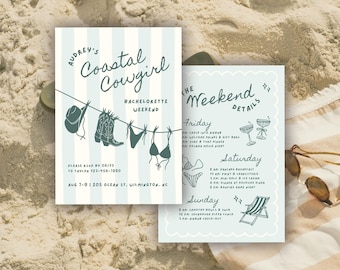 Coastal Cowgirl Bachelorette Invitation Template, Beach Bach Party Weekend Trip Itinerary, Editable Blue Digital Canva Invite Design