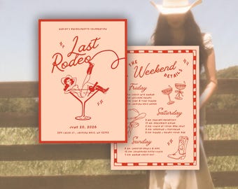 Last Rodeo Cowgirl Bachelorette Invitation, Western Bach Itinerary Template, Martini Glass Girl Country Editable Canva Digital Design Invite