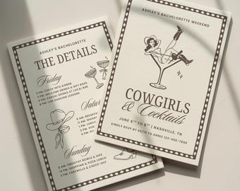 Cowgirls & Cocktails Bachelorette Invitation Template: Western Theme Bach Party Itinerary (Canva Digital Invite Design)