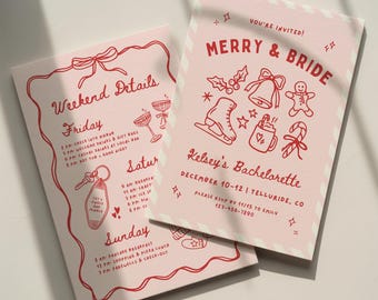 May include: Two pale pink invitation cards with red ink illustrations and text. One card reads MERRY & BRIDE, Kelsey's Bachelorette, December 10-12, Telluride, CO. The other card lists Weekend Details for Friday, Saturday, and Sunday.