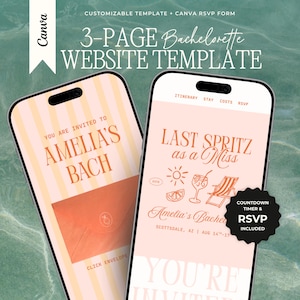 May include: A 3-page bachelorette website template for Canva displayed on two smartphones. The screens show light pink and orange designs with text including "Amelia's Bach," "Last Spritz as a Miss," and "Scottsdale, AZ," plus a countdown timer and RSVP.