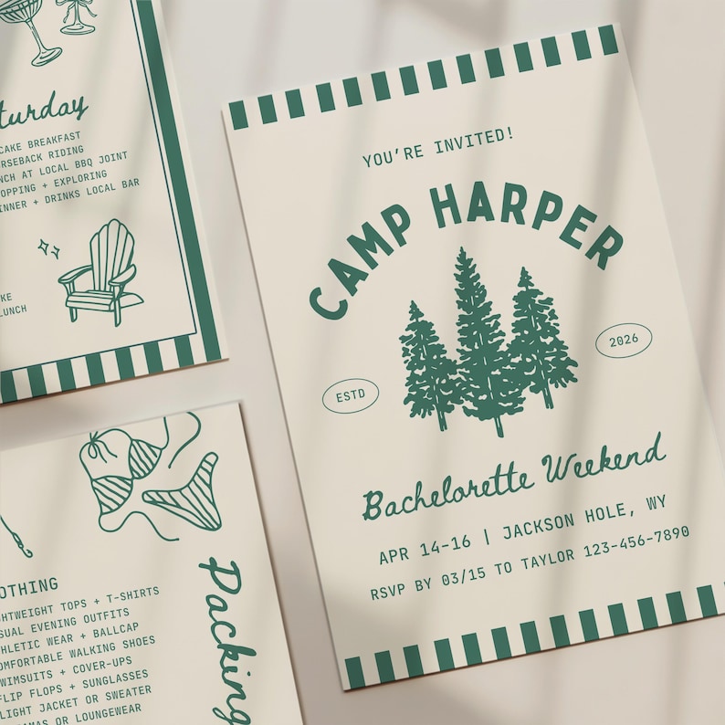 Camp Bachelorette Invitation Template: Woods Camping Glamping Bach Party Itinerary (Canva Digital Invite Design) image 5