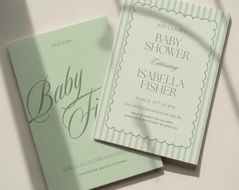 Green Striped Baby Shower Invitation Template: Classic Gender Neutral (Canva Digital Invite Design)