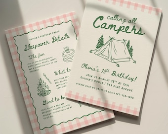 Camp Birthday Invitation Template: Calling All Campers Girls Sleepover Party (Canva Digital Invite Design)
