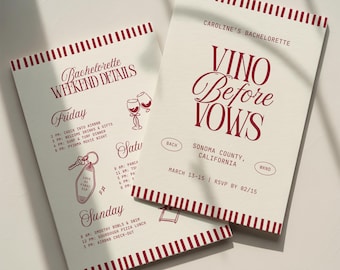 Vino Before Vows Bachelorette Invitation Template: Wine Vineyard Bach Party Weekend Itinerary (Canva Digital Invite Design)