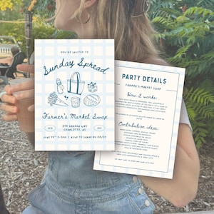 May include: Two light blue and white checkered invitations for a Farmer's Market Swap. The first invitation says "Sunday Spread" with illustrations of a tote bag, vegetables, and other items. The second invitation lists party details.