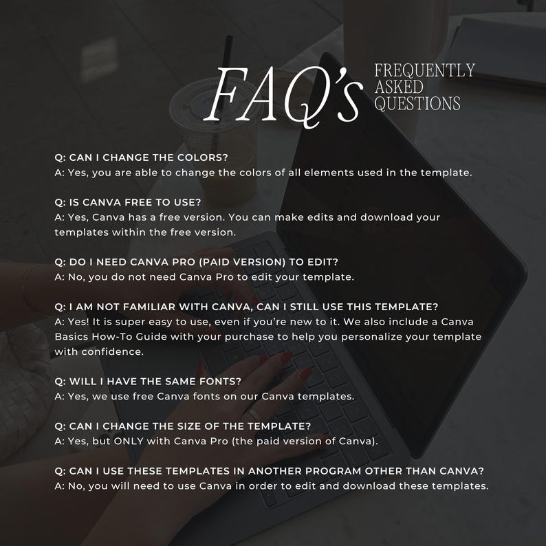 May include: A digital template FAQ sheet featuring white text on a dark background. The text addresses questions about Canva, including colour changes, free versus paid versions, font usage, template resizing, and compatibility with other software programmes.