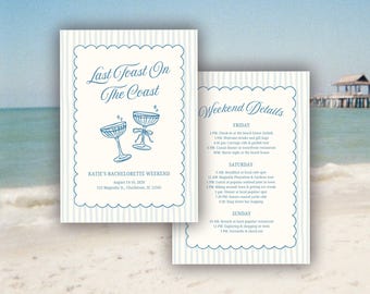 Last Toast On The Coast Bachelorette Invitation Template: Blue Striped Beach Bach Party Itinerary (Canva Digital Invite Design)