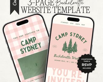 Camp Bachelorette Website Template with RSVP: Woods Camping Editable Invitation Bach Party Trip Itinerary (Canva Digital Site Design)