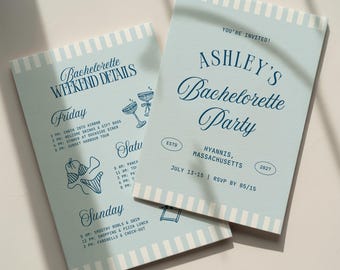 Bachelorette Invitation Template: Coastal Grandmother Beach Bach Party Weekend Itinerary (Canva Digital Invite Design)