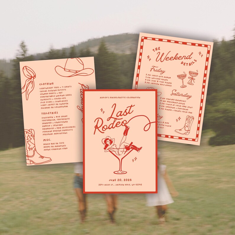 May include: Three rectangular cards with a peach background and red line art. The cards feature text for a bachelorette party titled Last Rodeo, including a packing list, weekend itinerary, and a graphic of a person in a martini glass.