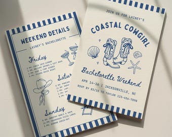 Coastal Cowgirl Bachelorette Invitation Template: Beach Bach Party Weekend Itinerary (Canva Digital Invite Design)