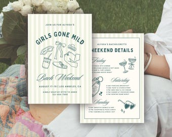 Girls Gone Mild Bachelorette Invitation Template: Spa Slumber Party Theme Bach Itinerary (Canva Digital Invite Design)
