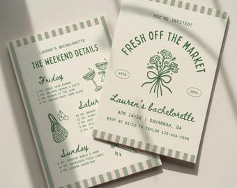 Fresh Off The Market Bachelorette Invitation Template: She's Off The Market Bach Weekend Itinerary (Canva Digital Invite Design)