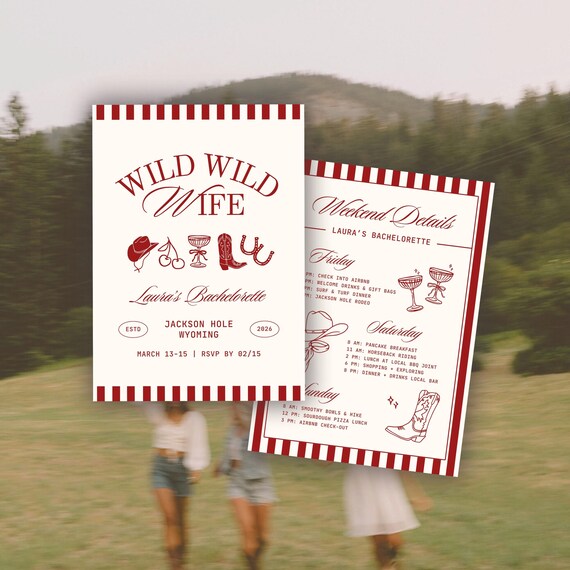 Wild Wild Wife Bachelorette Invitation Template: Western Cowgirl Bach Party Weekend Itinerary (Canva Digital Invite Design)