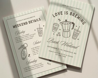 Love is Brewing Bachelorette Invitation Template: Coffee Theme Bridal Shower Bach Weekend Itinerary (Canva Digital Invite Design)
