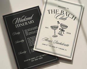 The Bach Club Bachelorette Invitation Template: Classy Luxe Girls Trip Travel Itinerary (Canva Digital Invite Design)