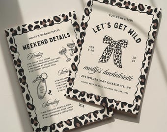 Let's Get Wild Bachelorette Invitation Template: Cheetah Animal Print Bach Itinerary (Canva Digital Invite Design)