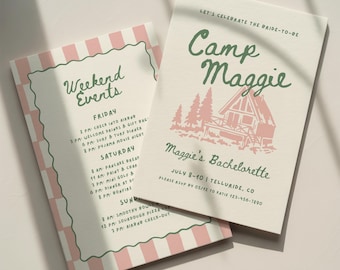 Camp Bachelorette Invitation Template, Camping Granola Girl Themed Bach Party Weekend Itinerary, Green Editable Canva Digital Invite Design