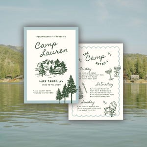 May include: Two-sided invitation for a bachelorette celebration. The front features the text "Camp Lauren" with a mountain and cabin illustration. The back details the camp itinerary with illustrations of champagne glasses, a bonfire, and a lounge chair.