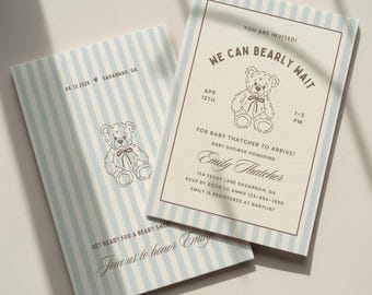 We Can Bearly Wait Baby Shower Invitation Template: Teddy Bear Theme Striped Baby Sprinkle Predictions (Canva Digital Invite Design)