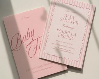 Pink Striped Baby Shower Invitation Template: Classic Baby Girl Sprinkle (Canva Digital Invite Design)