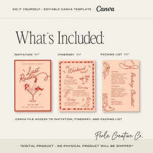 May include: A digital Canva template set featuring a 5x7 inch invitation, itinerary, and packing list. The designs are in peach and red with western-themed illustrations including a cowboy hat, boots, and a martini glass with text Last Rodeo.