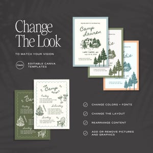 May include: A set of editable Canva templates for bachelorette party invitations and itineraries. The designs feature mountain and forest illustrations, camp-themed graphics, and customisable text fields in blue, green, and peach colour schemes.