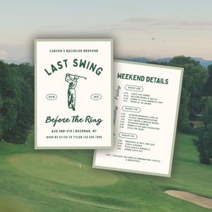 Può includere: Invito fronte-retro per il weekend di addio al celibato di Carson, a tema golf. Il fronte presenta il testo "Last Swing Before The Ring" e una grafica di un golfista. Il retro elenca i dettagli del fine settimana.
