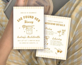 She Found Her Honey Bachelorette Invitation Template: Butter Yellow Bee Theme Bridal Shower Bach Itinerary (Canva Digital Invite Design)